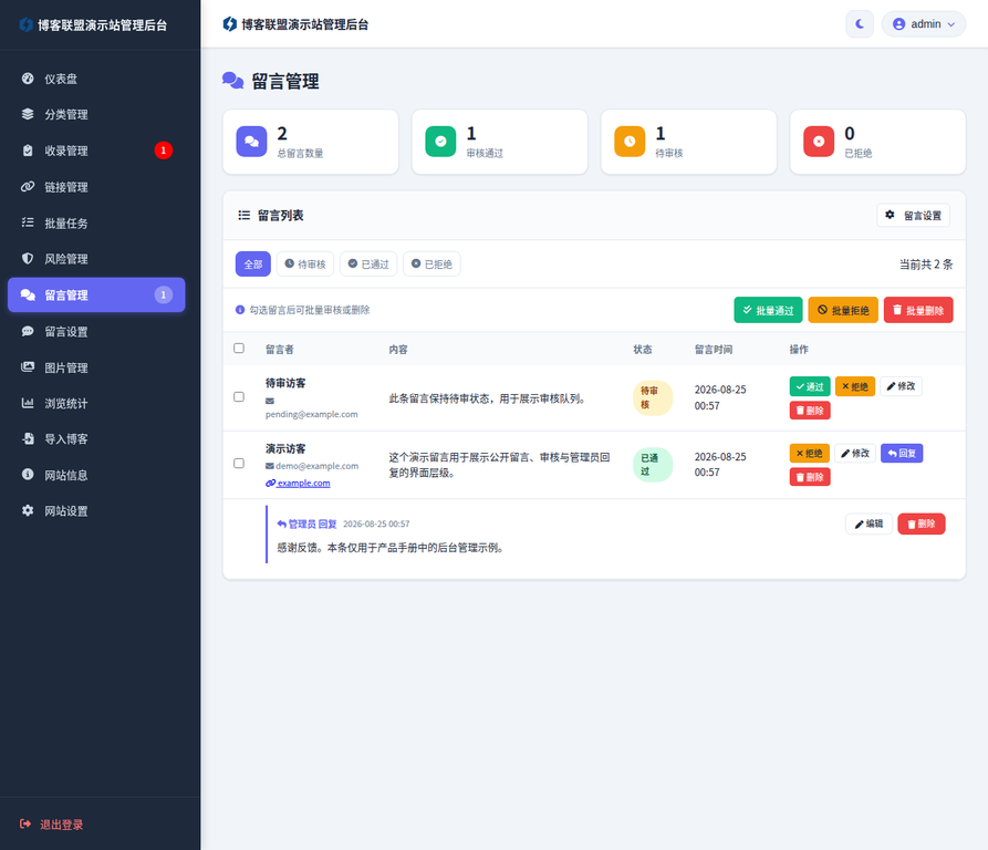 真实留言管理：审核状态、批量动作、回复和管理员回复编辑/删除。
