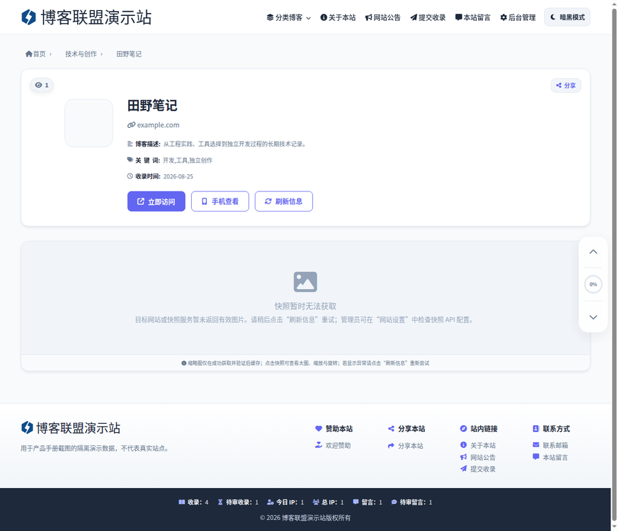 博客详情主界面：资料、访问计数、手机查看与快照状态。